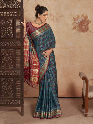 Alluring Blue Zari Weaving Patola Silk Festival Wear Saree With Blouse